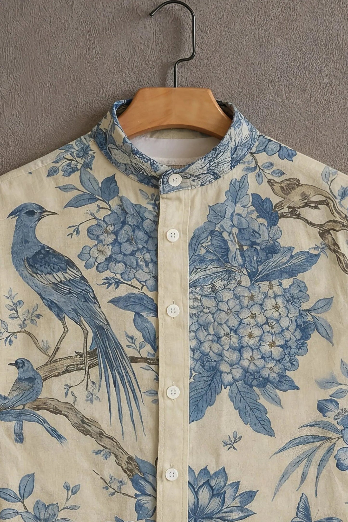MaxShirts Premium Blue Floral Bird Print Mandarin Collar Shirt for Men | Stylish Casual Short Sleeve Shirt