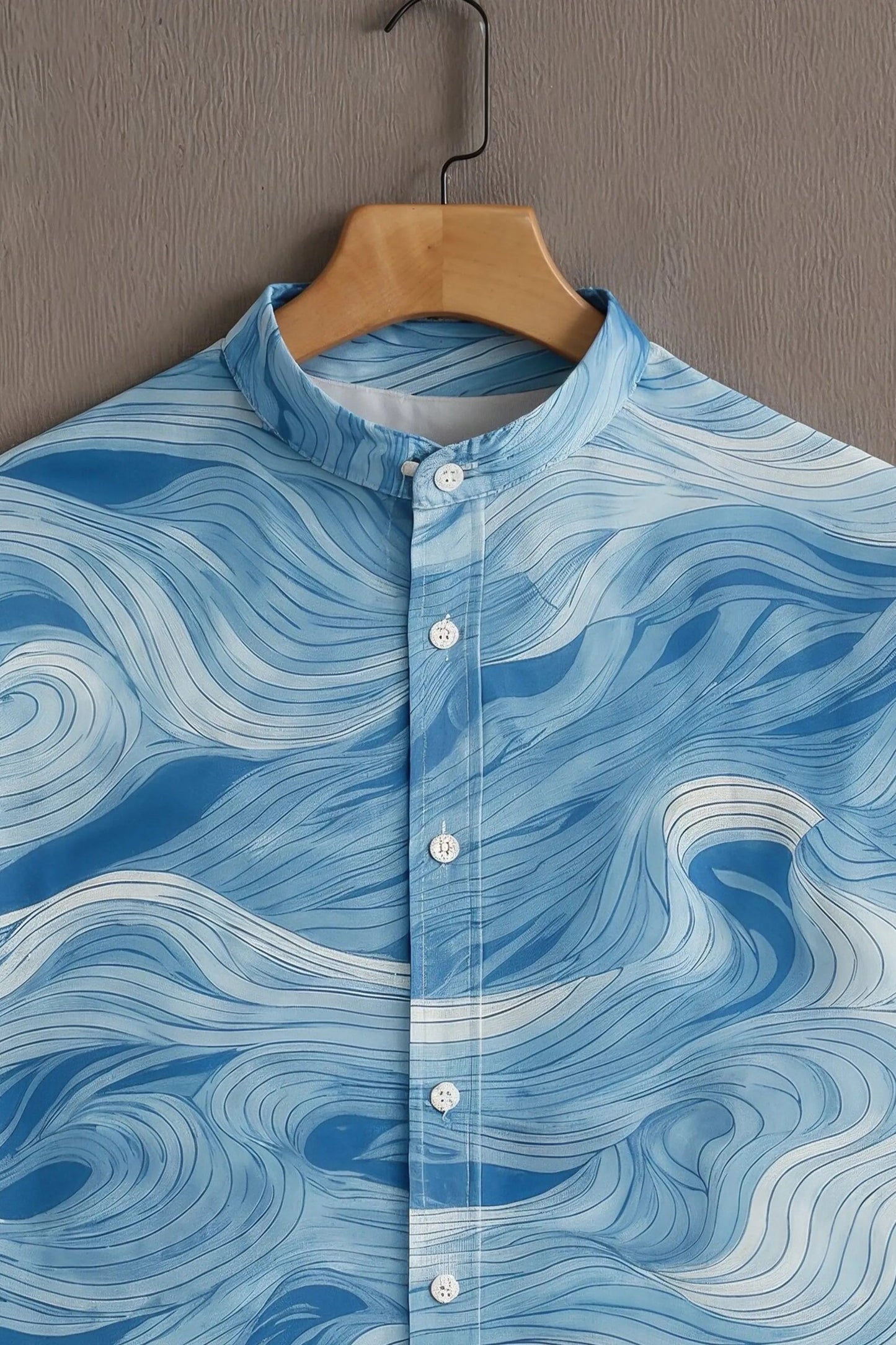 MaxShirts Premium Ocean Wave Print Mandarin Collar Shirt for Men | Stylish Casual Short Sleeve Shirt