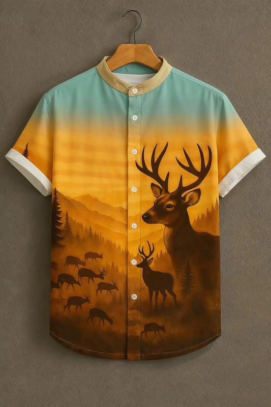 MaxShirts Premium Deer Landscape Print Mandarin Collar Shirt for Men | Stylish Nature Art Casual Shirt