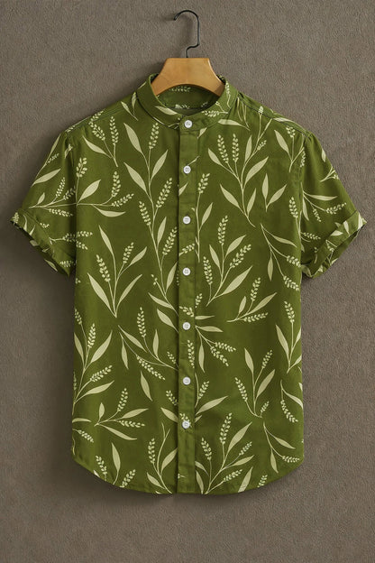 MaxShirts Premium Olive Green Leaf Print Mandarin Collar Shirt for Men | Stylish Casual Short Sleeve Shirt