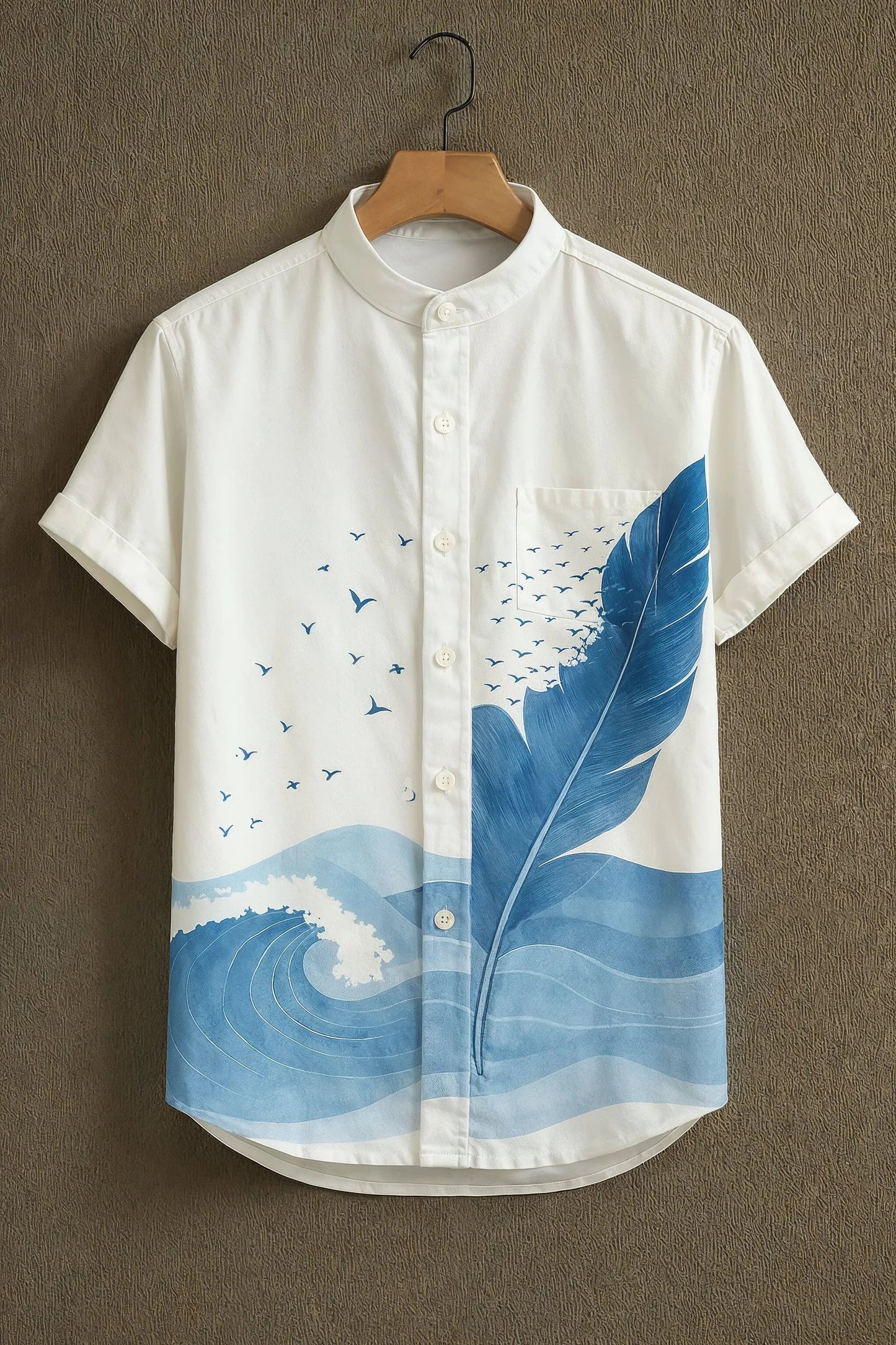 MaxShirts Premium Ocean Wave & Feather Print Mandarin Collar Shirt for Men | Stylish Casual Short Sleeve Shirt