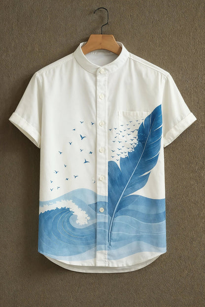MaxShirts Premium Ocean Wave & Feather Print Mandarin Collar Shirt for Men | Stylish Casual Short Sleeve Shirt