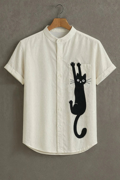 MaxShirts Premium Cat Graphic Mandarin Collar Shirt for Men | Stylish Casual Short Sleeve Shirt