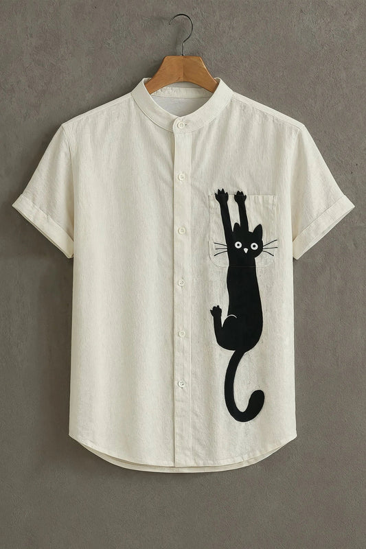 MaxShirts Premium Cat Graphic Mandarin Collar Shirt for Men | Stylish Casual Short Sleeve Shirt