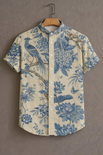 MaxShirts Premium Blue Floral Bird Print Mandarin Collar Shirt for Men | Stylish Casual Short Sleeve Shirt