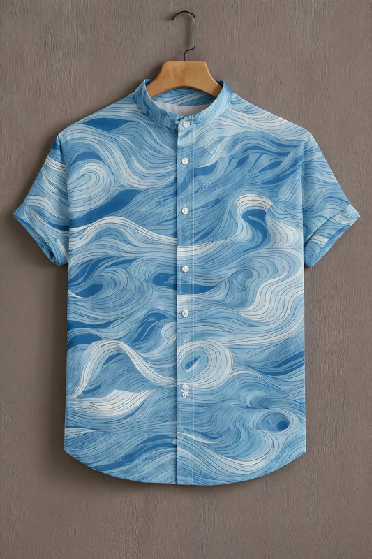 MaxShirts Premium Ocean Wave Print Mandarin Collar Shirt for Men | Stylish Casual Short Sleeve Shirt