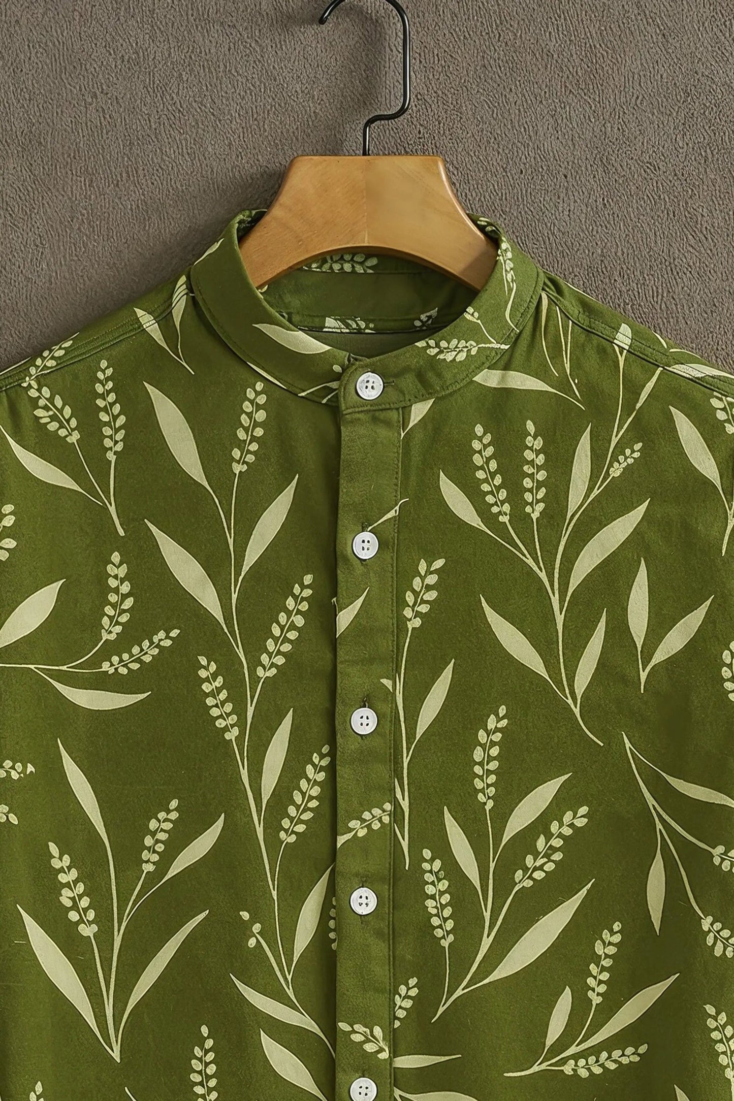 MaxShirts Premium Olive Green Leaf Print Mandarin Collar Shirt for Men | Stylish Casual Short Sleeve Shirt