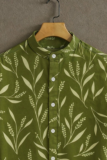 MaxShirts Premium Olive Green Leaf Print Mandarin Collar Shirt for Men | Stylish Casual Short Sleeve Shirt
