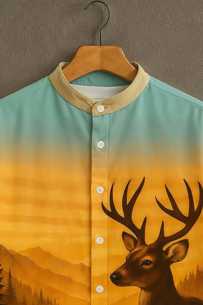MaxShirts Premium Deer Landscape Print Mandarin Collar Shirt for Men | Stylish Nature Art Casual Shirt