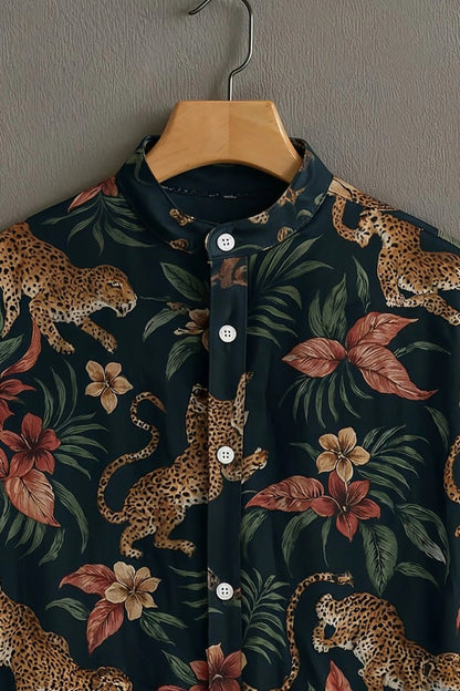 MaxShirts Premium Leopard Print Mandarin Collar Shirt for Men | Stylish Tropical Casual Shirt