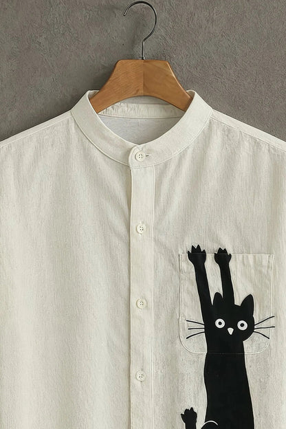 MaxShirts Premium Cat Graphic Mandarin Collar Shirt for Men | Stylish Casual Short Sleeve Shirt