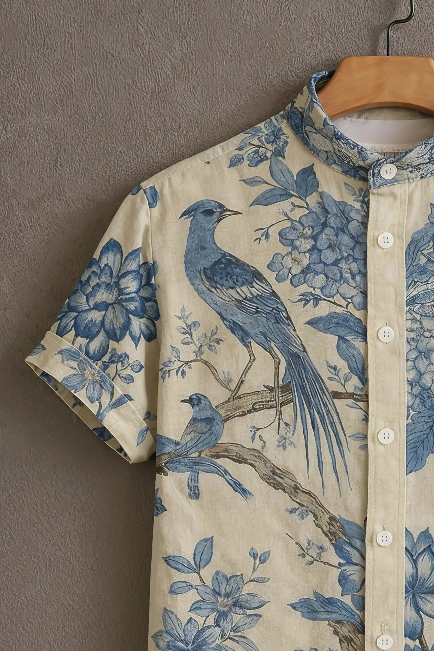 MaxShirts Premium Blue Floral Bird Print Mandarin Collar Shirt for Men | Stylish Casual Short Sleeve Shirt