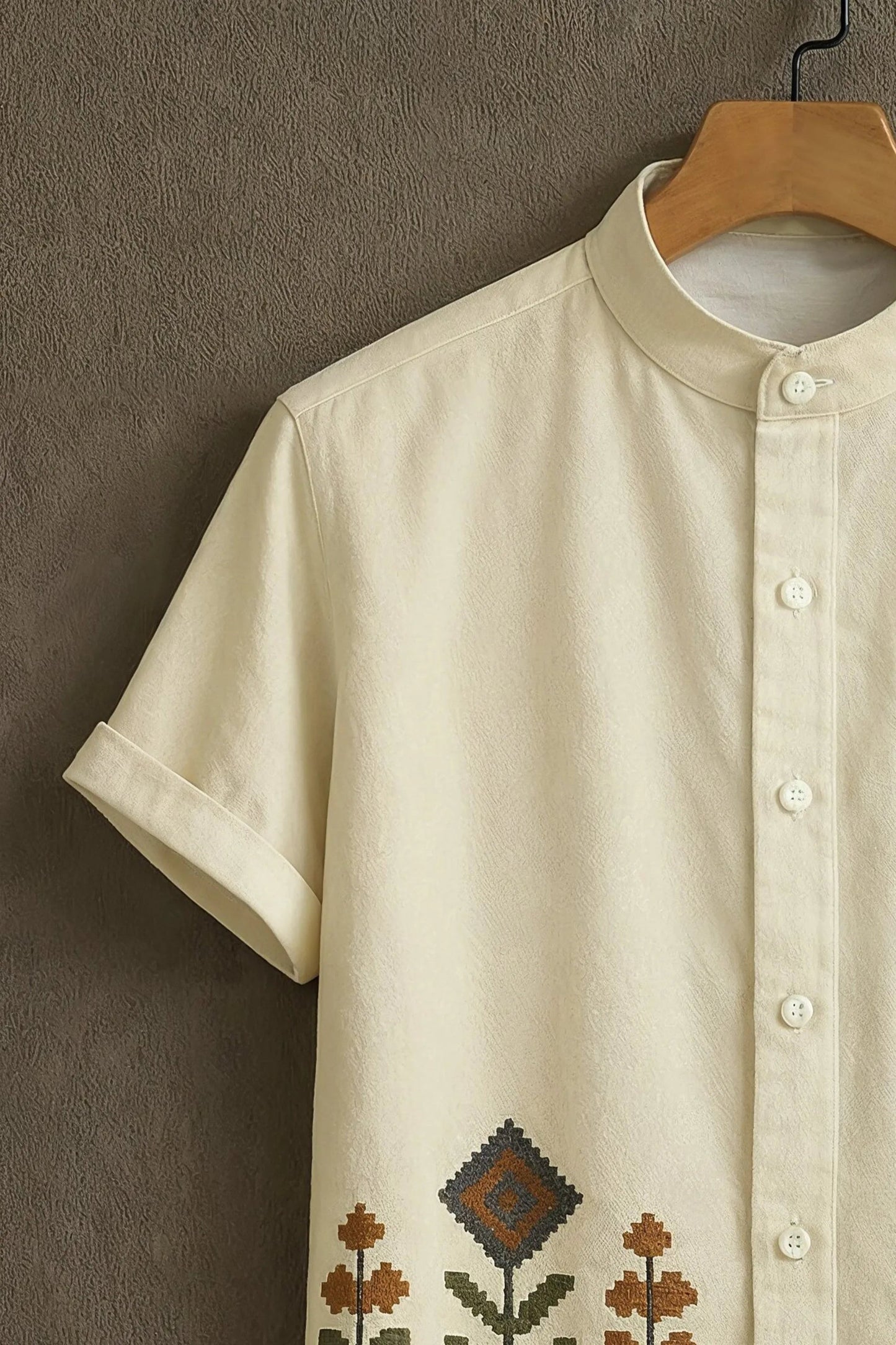 MaxShirts Premium Ethnic Floral Border Print Mandarin Collar Shirt for Men | Stylish Casual Summer Shirt