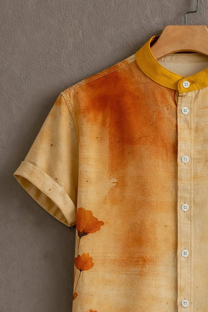 MaxShirts Premium Orange Floral Artistic Mandarin Collar Shirt for Men | Stylish Casual Short Sleeve Shirt