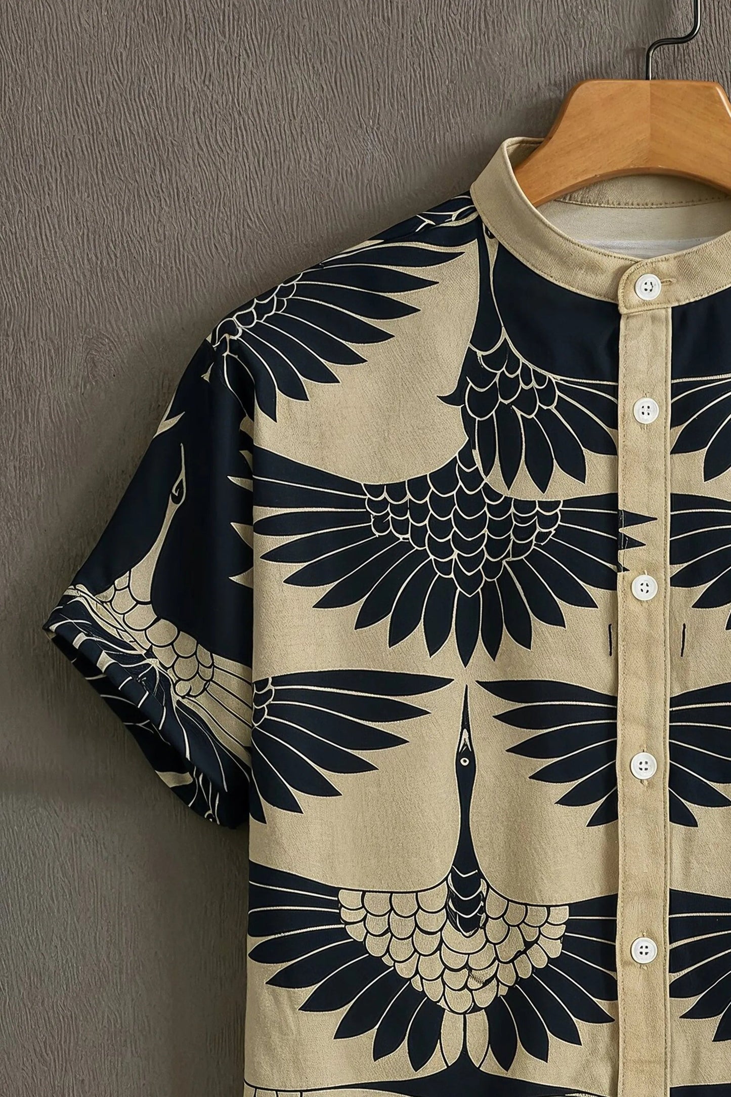 MaxShirts Premium Crane Bird Print Mandarin Collar Shirt for Men | Stylish Casual Short Sleeve Shirt